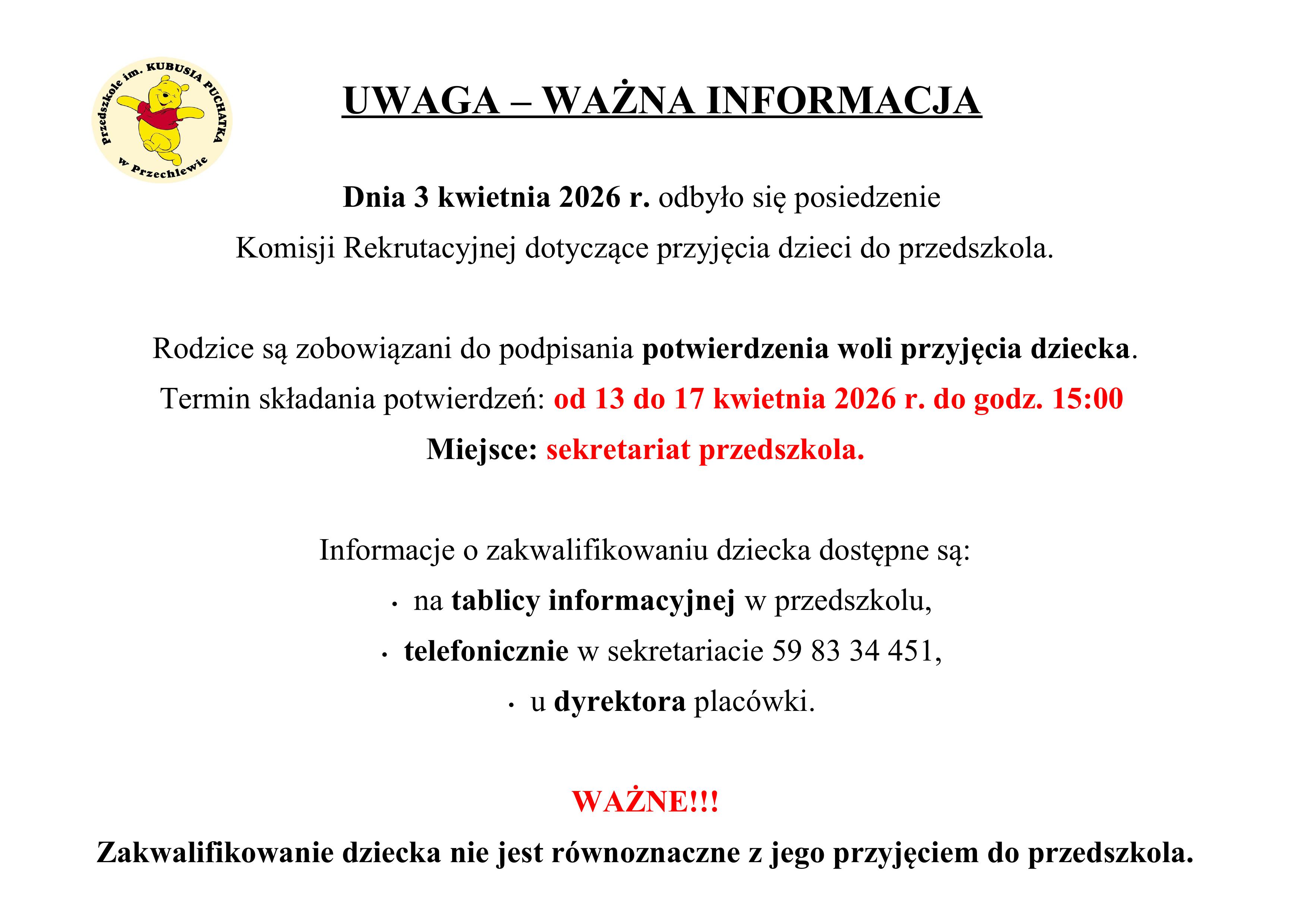 WAŻNA INFORMACJA - REKRUTACJA